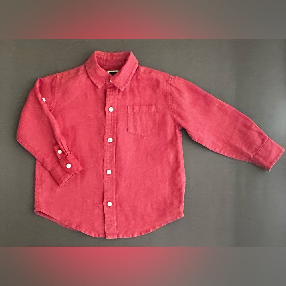 Janie And Jack Baby Boy Linen Shirt Long Sleeve Rolling Cuffs, Red, Size 18-24M
